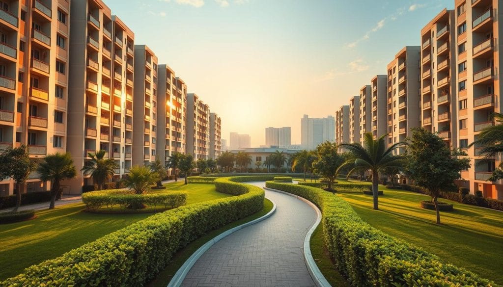 A breathtaking architectural marvel, the "Pradhan Mantri Awas Yojana" (PMAY) showcases a modern, vibrant residential complex. In the foreground, a meticulously designed apartment building stands tall, its gleaming façade reflecting the sun's warm rays. Lush, well-manicured landscaping surrounds the structure, with neatly-trimmed hedges and verdant trees framing the scene. In the middle ground, a winding, paved pathway leads towards the entrance, inviting residents and visitors alike. The background reveals a harmonious blend of contemporary high-rises and towering skyscrapers, all united by a sense of purpose and community. The overall atmosphere exudes a feeling of safety, comfort, and the realization of the "dream home" for those in need. Soft, diffused lighting casts a welcoming glow, while a sense of pride and accomplishment permeates the entire composition.