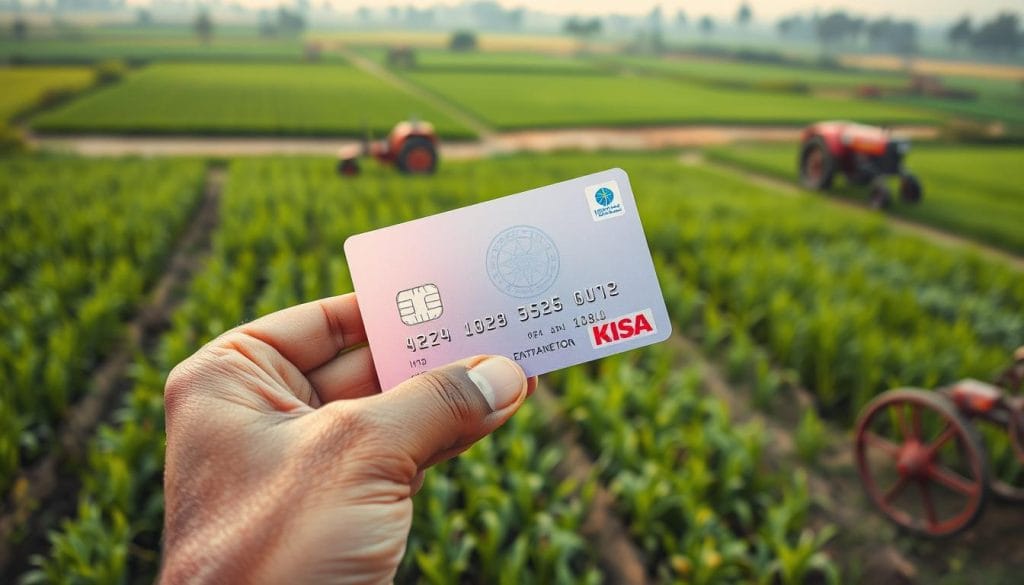 A close-up photograph of a farmer's hand holding a Kisan Credit Card against a rural Indian backdrop. The card is clearly visible, its surface shimmering under soft, warm lighting. The background features lush, verdant fields dotted with farm equipment, suggesting the agricultural environment in which this financial tool is used. The composition emphasizes the importance of the card as a means of financial support for Indian farmers, capturing the essence of the "Kisan Credit Card (KCC): Financial Assistance for Farmers" section.