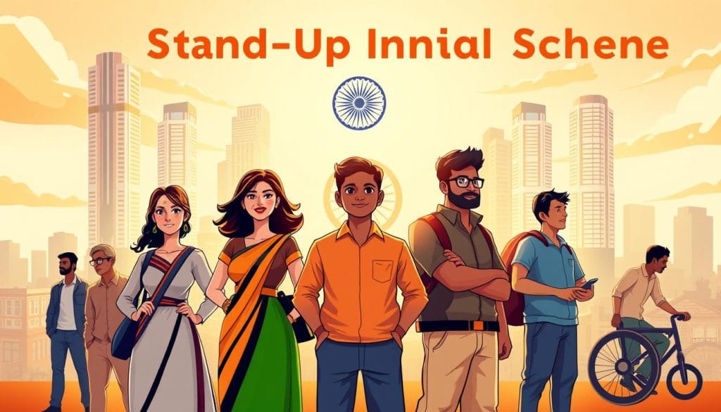 A vibrant and dynamic illustration showcasing the "Stand-Up India Scheme". In the foreground, a diverse group of aspiring entrepreneurs, including a woman, a youth, and a person with a disability, stand confidently, their expressions filled with determination. The middle ground features a silhouette of the Indian flag, symbolizing the government's support for this entrepreneurship initiative. In the background, a cityscape with modern high-rise buildings and bustling streets creates a sense of economic growth and opportunity. The scene is bathed in warm, golden lighting, conveying a sense of optimism and progress. The overall composition highlights the scheme's aim to empower underrepresented communities and foster a culture of self-reliance and entrepreneurship in India.