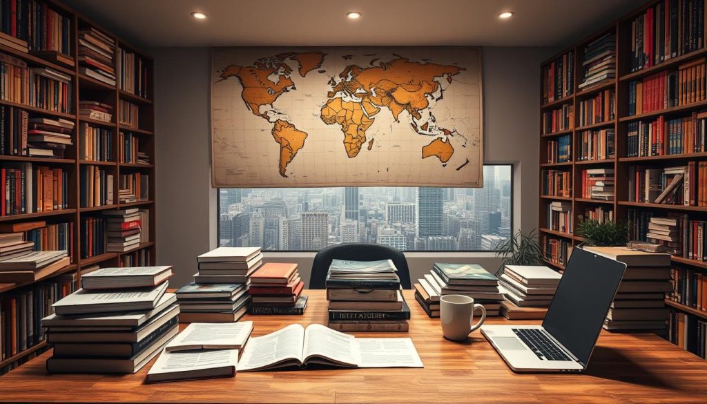 An expansive study desk with piles of books, a laptop, and a cup of coffee. In the background, a bookshelf overflows with volumes on history, philosophy, and current affairs. A large world map adorns the wall, indicating the global reach of IAS ambitions. Soft, warm lighting illuminates the scene, casting a contemplative mood. A window overlooking a bustling city skyline serves as a reminder of the real-world challenges and opportunities that await the dedicated IAS aspirant. The composition emphasizes the serious, intellectual nature of IAS preparation, with attention to detail and a sense of focus and determination.